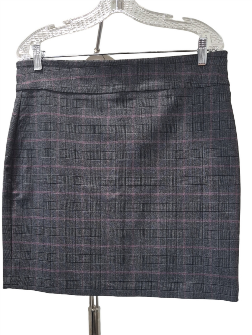 Gray Plaid Pencil Skirt with Pink/burgundy Windowpane Accents Comfort Waistband.